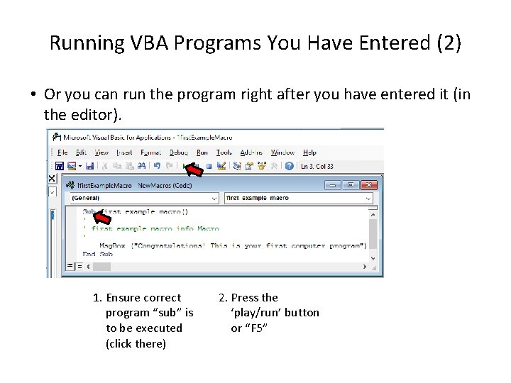 Running VBA Programs You Have Entered (2) • Or you can run the program