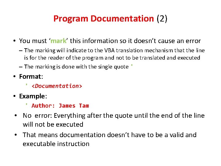 Program Documentation (2) • You must ‘mark’ this information so it doesn’t cause an