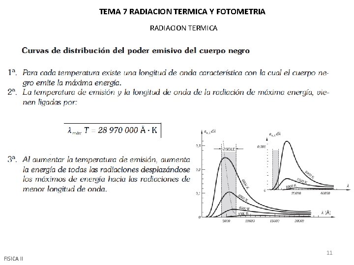 TEMA 7 RADIACION TERMICA Y FOTOMETRIA RADIACION TERMICA FISICA II 11 