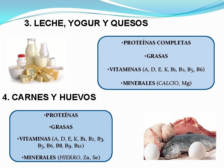 3. LECHE, YOGUR Y QUESOS • PROTEÍNAS COMPLETAS • GRASAS • VITAMINAS (A, D,