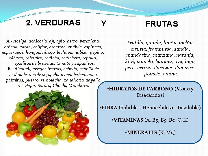 2. VERDURAS Y A - Acelga, achicoria, ají, apio, berro, berenjena, brócoli, cardo, coliflor,