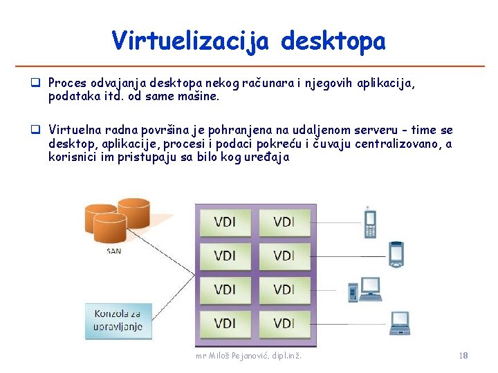 Virtuelizacija desktopa Proces odvajanja desktopa nekog računara i njegovih aplikacija, podataka itd. od same