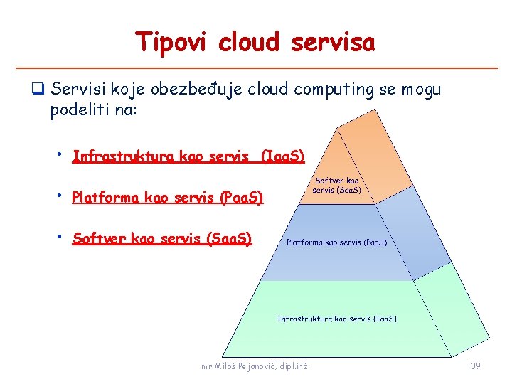 Tipovi cloud servisa Servisi koje obezbeđuje cloud computing se mogu podeliti na: • Infrastruktura