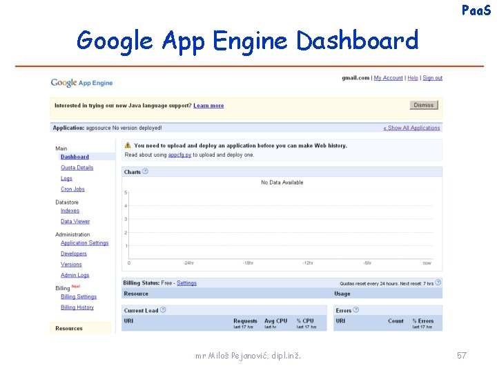 Paa. S Google App Engine Dashboard mr Miloš Pejanović, dipl. inž. 57 