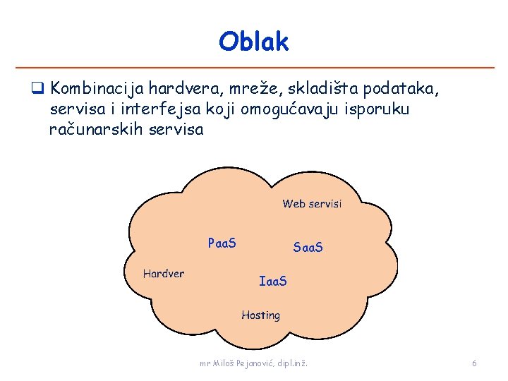 Oblak Kombinacija hardvera, mreže, skladišta podataka, servisa i interfejsa koji omogućavaju isporuku računarskih servisa