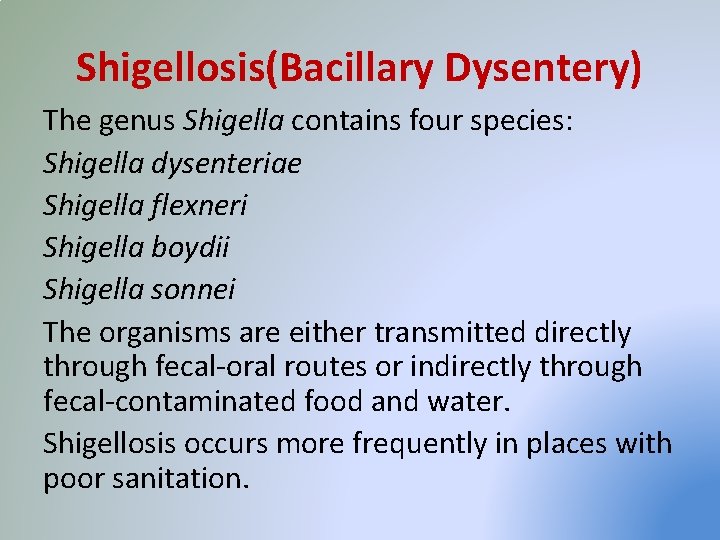 Shigellosis(Bacillary Dysentery) The genus Shigella contains four species: Shigella dysenteriae Shigella flexneri Shigella boydii
