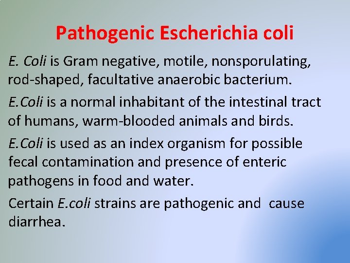 Pathogenic Escherichia coli E. Coli is Gram negative, motile, nonsporulating, rod-shaped, facultative anaerobic bacterium.