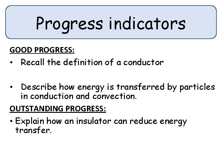 Progress indicators GOOD PROGRESS: • Recall the definition of a conductor • Describe how