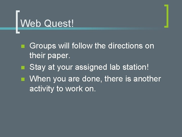 Web Quest! n n n Groups will follow the directions on their paper. Stay
