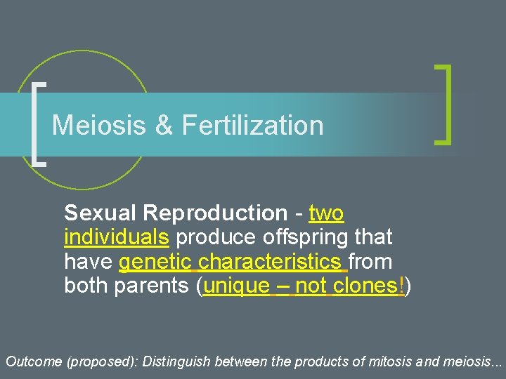 Meiosis & Fertilization Sexual Reproduction - two individuals produce offspring that have genetic characteristics