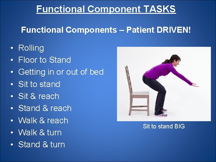 Functional Component TASKS Functional Components – Patient DRIVEN! • • • Rolling Floor to