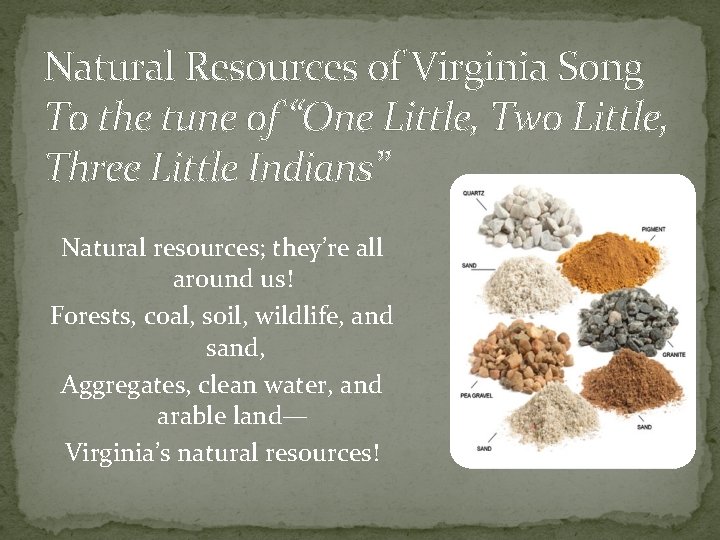 Natural Resources of Virginia Song To the tune of “One Little, Two Little, Three