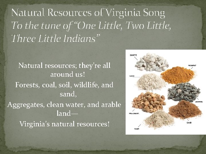 Natural Resources of Virginia Song To the tune of “One Little, Two Little, Three