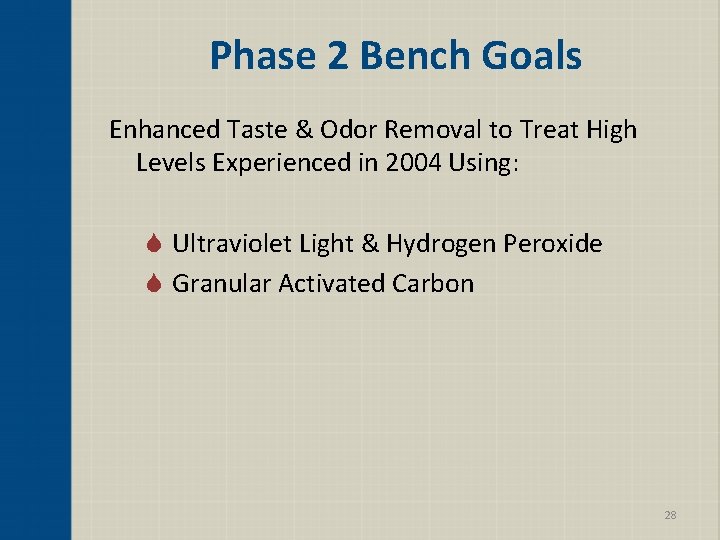 Phase 2 Bench Goals Enhanced Taste & Odor Removal to Treat High Levels Experienced