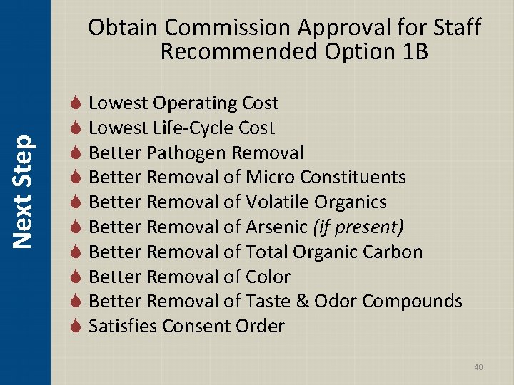Next Step Obtain Commission Approval for Staff Recommended Option 1 B S Lowest Operating