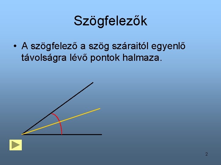 Szögfelezők • A szögfelező a szög száraitól egyenlő távolságra lévő pontok halmaza. 2 Szögfelezők • A szögfelező a szög száraitól egyenlő távolságra lévő pontok halmaza. 2