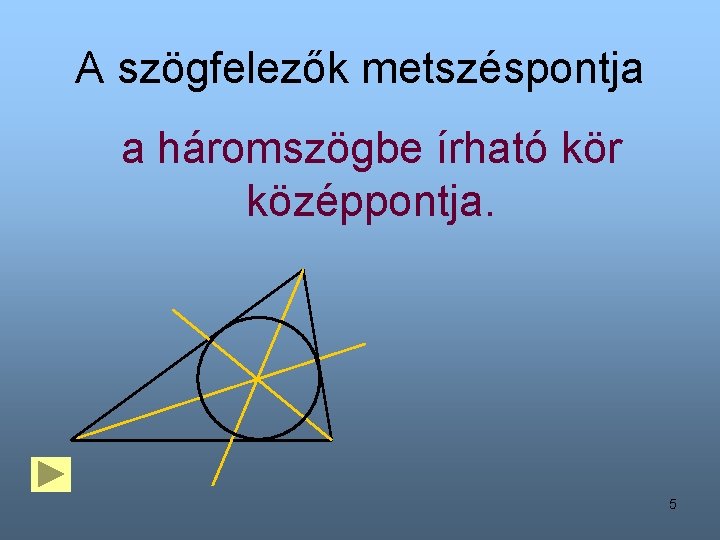 A szögfelezők metszéspontja a háromszögbe írható kör középpontja. 5 A szögfelezők metszéspontja a háromszögbe írható kör középpontja. 5