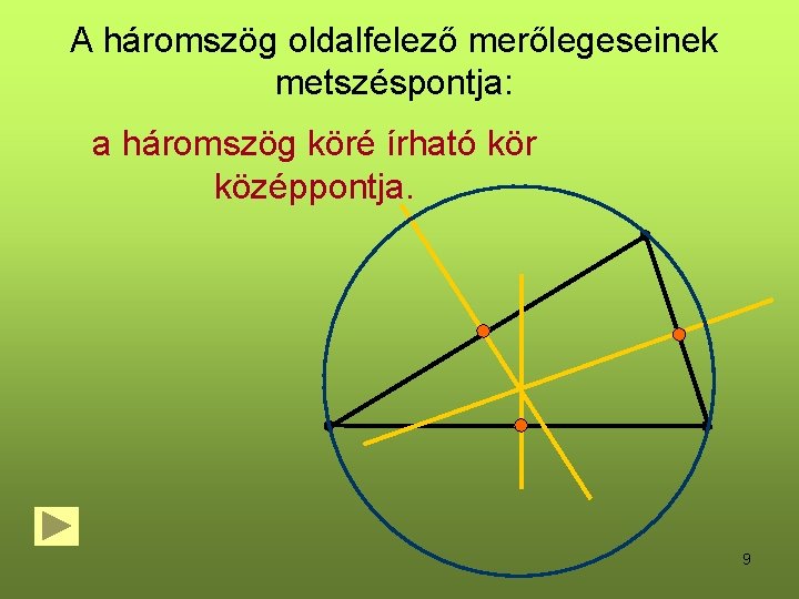 A háromszög oldalfelező merőlegeseinek metszéspontja: a háromszög köré írható kör középpontja. 9 A háromszög oldalfelező merőlegeseinek metszéspontja: a háromszög köré írható kör középpontja. 9