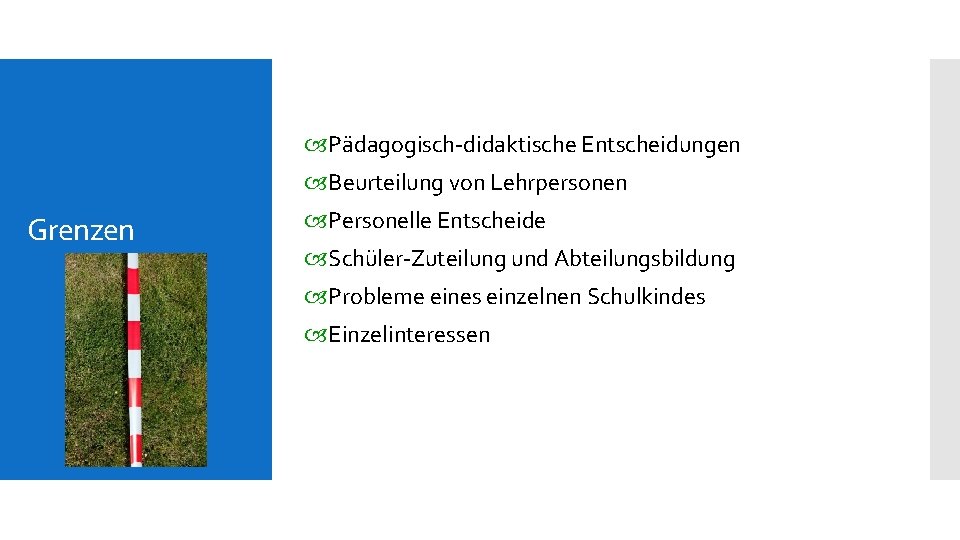  Pädagogisch-didaktische Entscheidungen Beurteilung von Lehrpersonen Grenzen Personelle Entscheide Schüler-Zuteilung und Abteilungsbildung Probleme eines