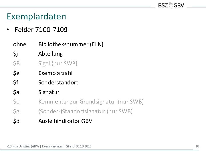 Exemplardaten • Felder 7100 -7109 ohne Bibliotheksnummer (ELN) $j Abteilung $B Sigel (nur SWB)