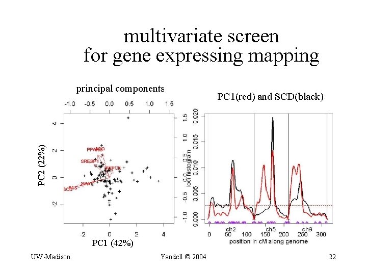 multivariate screen for gene expressing mapping PC 1(red) and SCD(black) PC 2 (22%) principal