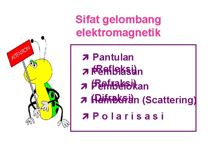 Sifat gelombang elektromagnetik ì Pantulan (Refleksi) ì Pembiasan ì (Refraksi) Pembelokan (Difraksi) (Scattering) ì