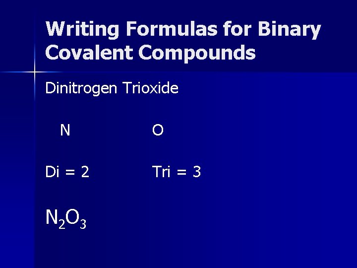 Writing Formulas for Binary Covalent Compounds Dinitrogen Trioxide N Di = 2 N 2