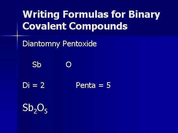 Writing Formulas for Binary Covalent Compounds Diantomny Pentoxide Sb Di = 2 Sb 2