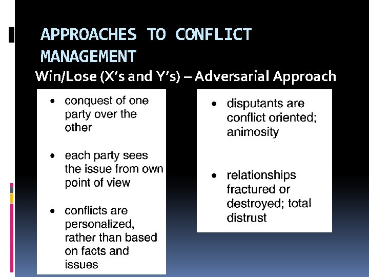 APPROACHES TO CONFLICT MANAGEMENT Win/Lose (X’s and Y’s) – Adversarial Approach 