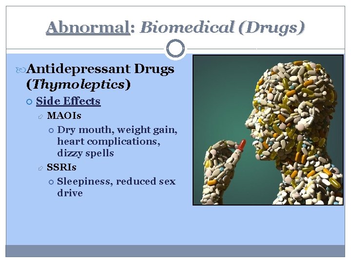 Abnormal: Biomedical (Drugs) Antidepressant Drugs (Thymoleptics) Side Effects MAOIs Dry mouth, weight gain, heart