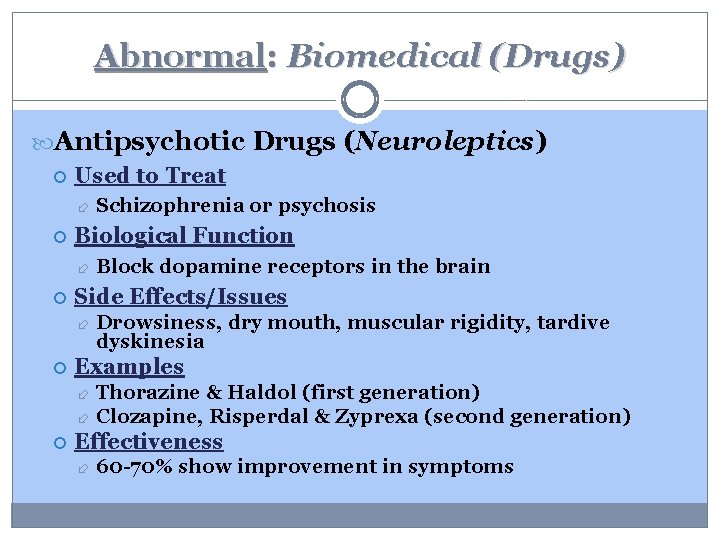 Abnormal: Biomedical (Drugs) Antipsychotic Drugs (Neuroleptics) Used to Treat Biological Function Block dopamine receptors