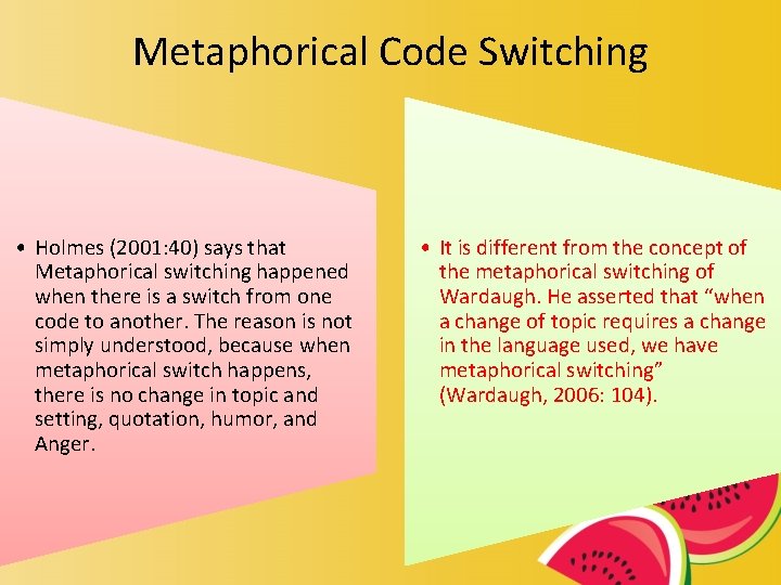 Metaphorical Code Switching • Holmes (2001: 40) says that Metaphorical switching happened when there