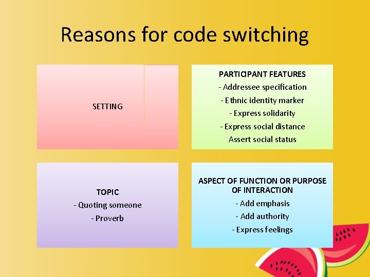 Reasons for code switching SETTING PARTICIPANT FEATURES - Addressee specification - Ethnic identity marker