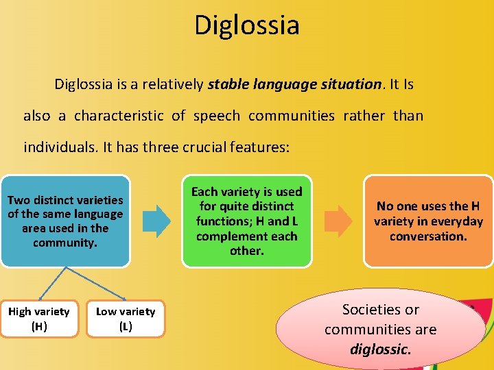 Diglossia is a relatively stable language situation. It Is also a characteristic of speech