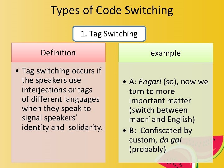 Types of Code Switching 1. Tag Switching Definition • Tag switching occurs if the
