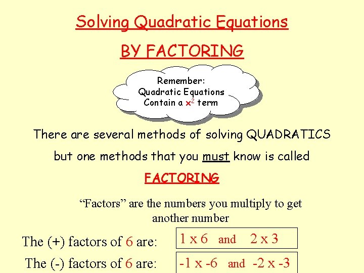 Solving Quadratic Equations BY FACTORING Remember: Quadratic Equations Contain a x 2 term There