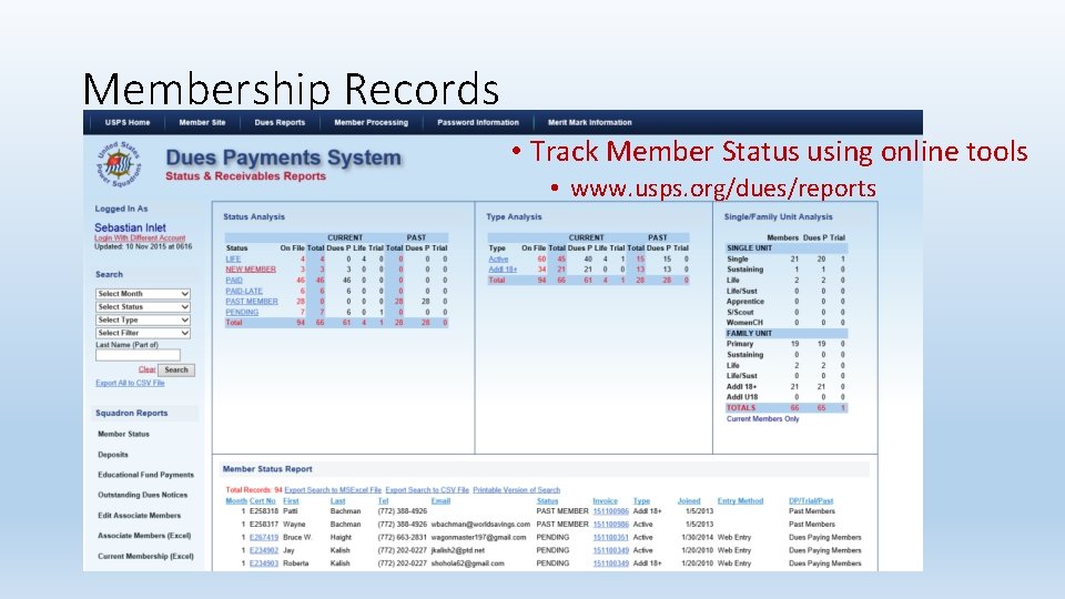 Membership Records • Track Member Status using online tools • www. usps. org/dues/reports 