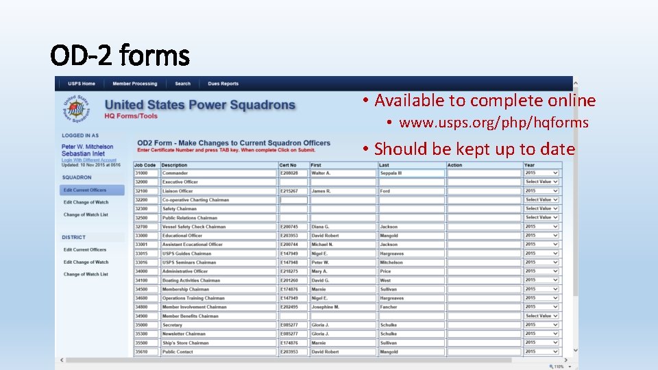 OD-2 forms • Available to complete online • www. usps. org/php/hqforms • Should be