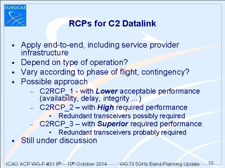 RCPs for C 2 Datalink § § Apply end-to-end, including service provider infrastructure Depend RCPs for C 2 Datalink § § Apply end-to-end, including service provider infrastructure Depend
