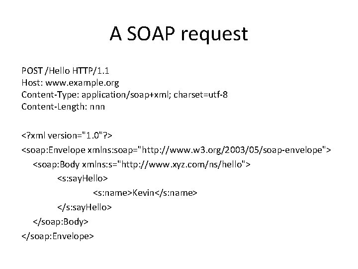 A SOAP request POST /Hello HTTP/1. 1 Host: www. example. org Content-Type: application/soap+xml; charset=utf-8