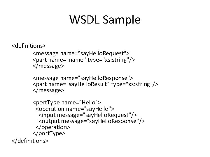 WSDL Sample <definitions> <message name="say. Hello. Request"> <part name="name" type="xs: string"/> </message> <message name="say.
