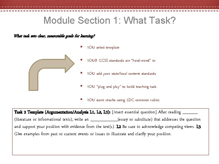 Module Section 1: What Task? What task sets clear, measurable goals for learning? §