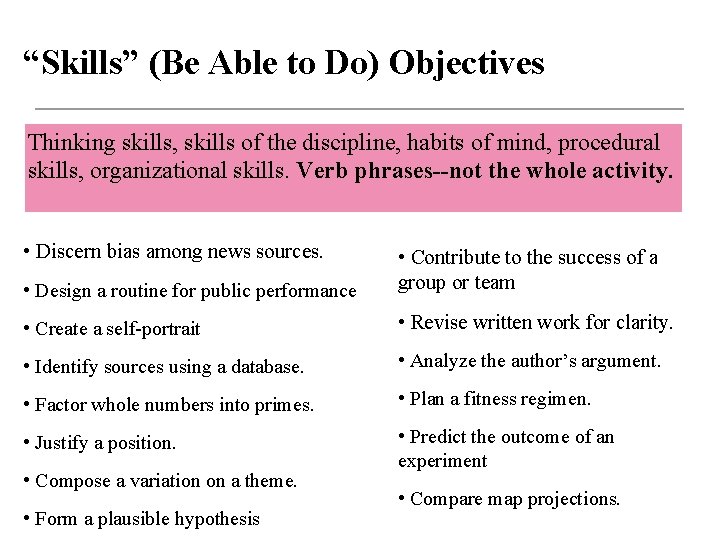 “Skills” (Be Able to Do) Objectives Thinking skills, skills of the discipline, habits of