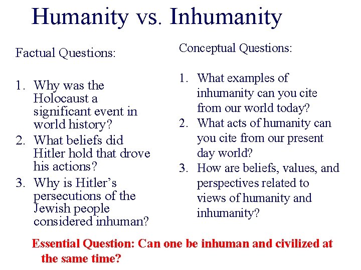Humanity vs. Inhumanity Factual Questions: 1. Why was the Holocaust a significant event in