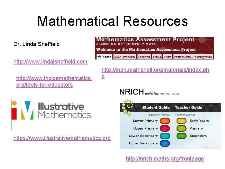 Mathematical Resources Dr. Linda Sheffield http: //www. lindajsheffield. com http: //www. insidemathematics. org/tools-for-educators http: