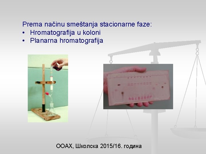 Prema načinu smeštanja stacionarne faze: • Hromatografija u koloni • Planarna hromatografija ООАХ, Школска