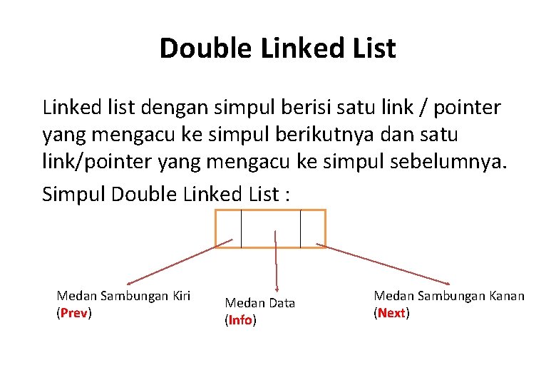 Double Linked List Linked list dengan simpul berisi satu link / pointer yang mengacu