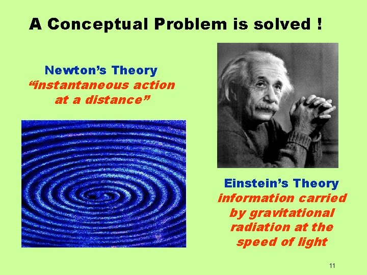 A Conceptual Problem is solved ! Newton’s Theory “instantaneous action at a distance” Einstein’s