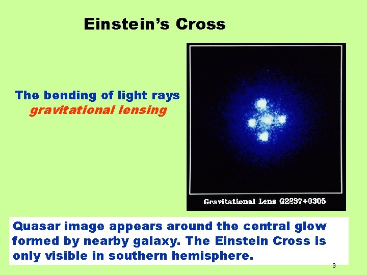 Einstein’s Cross The bending of light rays gravitational lensing Quasar image appears around the