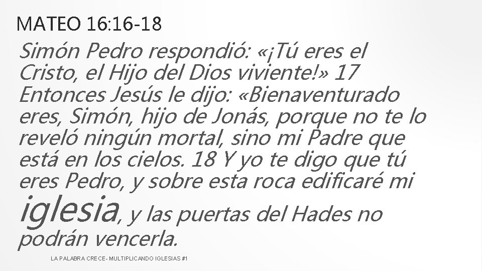 MATEO 16: 16 -18 Simón Pedro respondió: «¡Tú eres el Cristo, el Hijo del